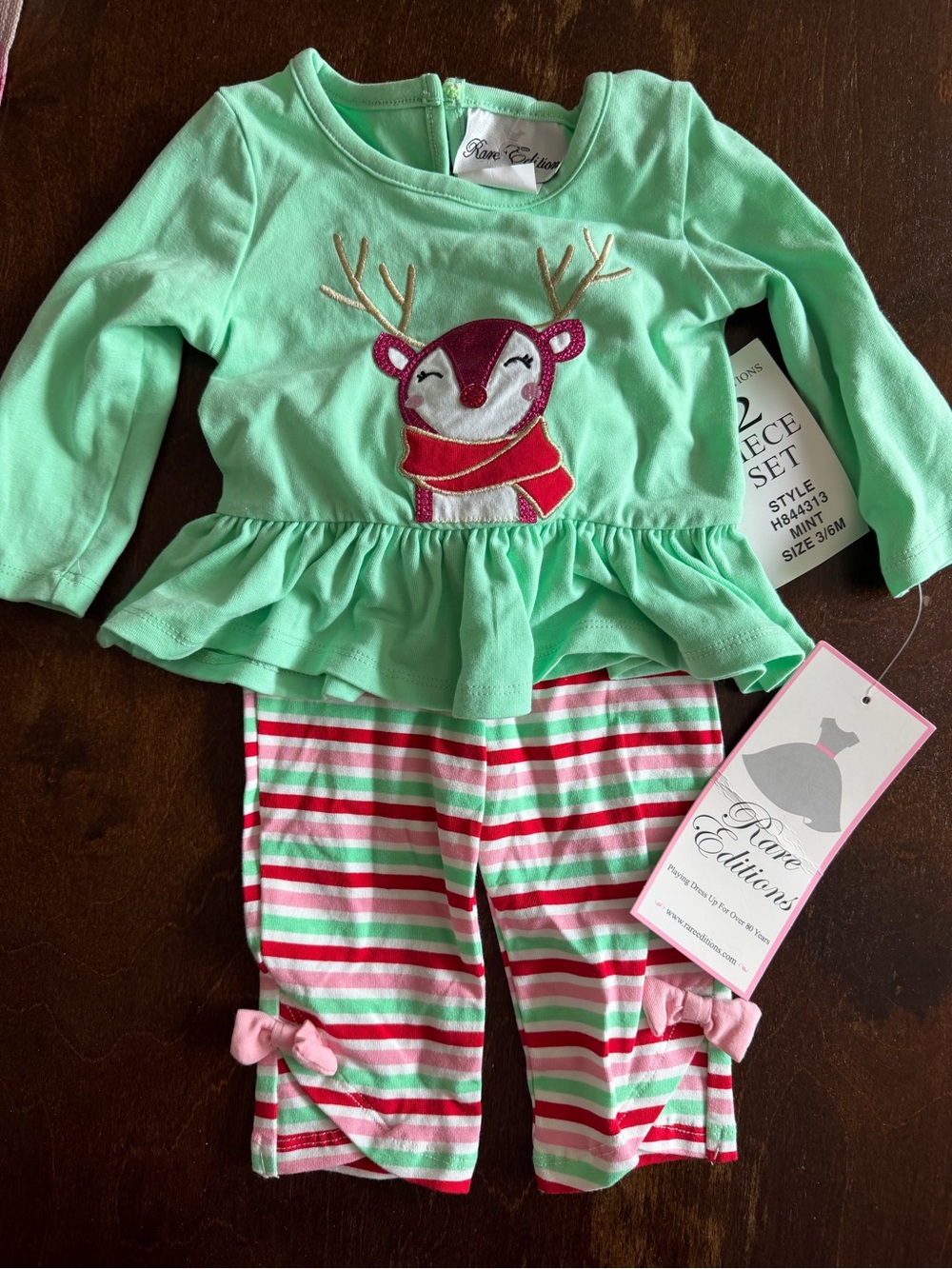 Rare Editions Mint Green and Pink Reindeer Peplum Pajama Set